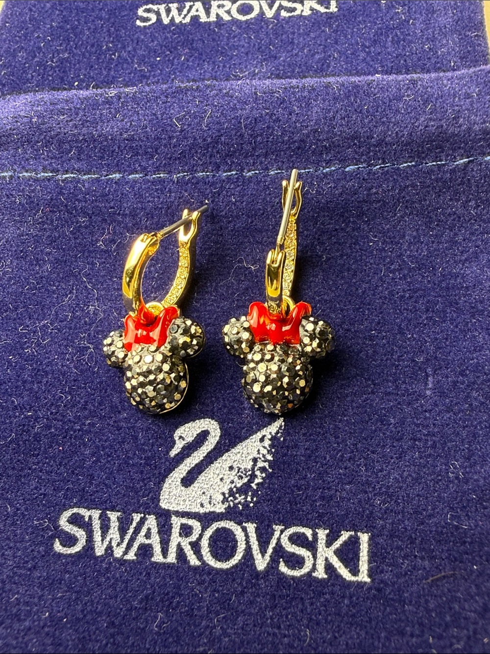 Swarovski Black Crystal Minnie Mouse Drop Earrings with Red Bows